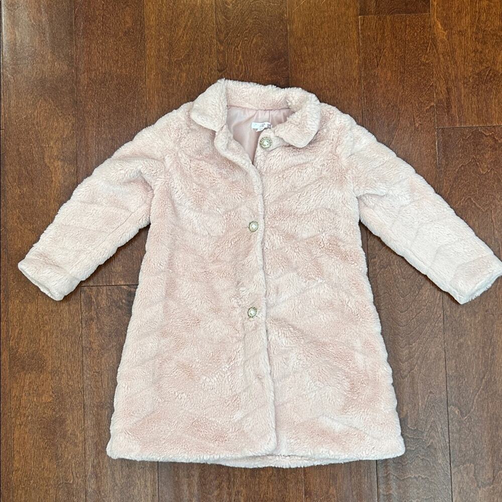 Tahari Girl Blush Ballerina Pink Faux Fur Long Coat, Size 4